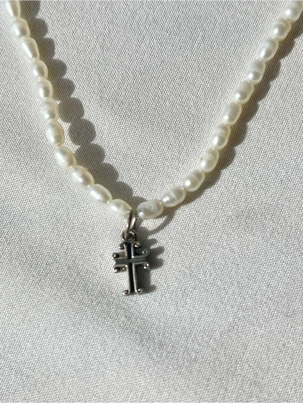 Girls' White Pearl Necklace with Silver Cross Charm